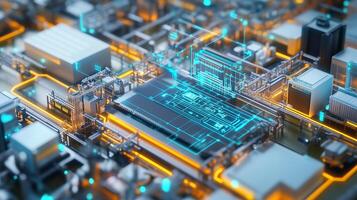 Detailed view of a futuristic circuit board with vibrant pathways in a tech environment at dusk photo