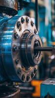 Detail of a precision industrial machine component in a manufacturing facility with a focus on engineering design and craftsmanship photo