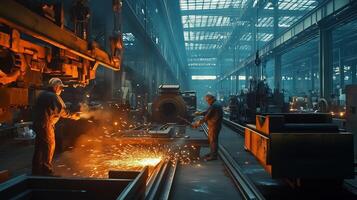 Workers engaged in metal forging within a spacious industrial workshop during daylight hours photo