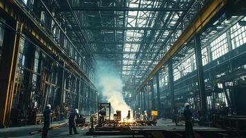 Workers engage in metalworking inside a large industrial factory during the day, showcasing the vibrant atmosphere of manufacturing photo