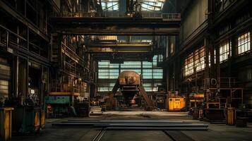 Abandoned industrial workshop with large machinery and overhead cranes, showing remnants of past work in a dimly lit space photo