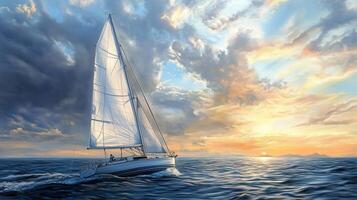 A sailing yacht glides across the ocean waves at sunset with dramatic clouds and vibrant colors in the sky photo