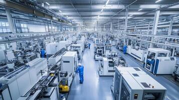 Modern manufacturing facility filled with automated machines and workers during daytime operations photo