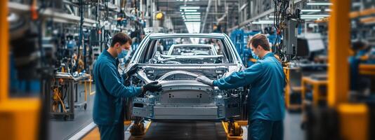 Workers assembling car frames in a modern automobile factory during daylight hours in a bustling industrial environment photo