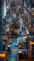 Workers engaged in assembly and manufacturing within a large industrial facility during daylight hours in an organized production environment photo