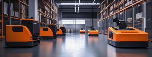 Automated robotic vehicles operating in a modern warehouse setting during daytime hours photo