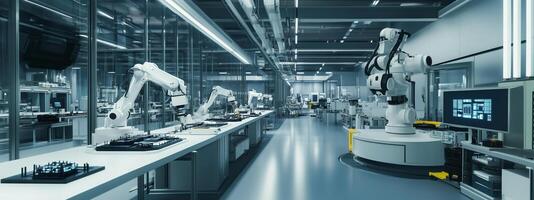 Advanced robotics laboratory showcasing automated assembly lines and precision machinery in a modern industrial setting photo