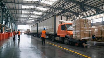 Truck unloading cargo in a large warehouse with workers in safety vests during daylight hours photo
