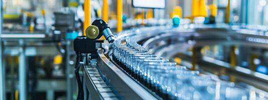 Automated production line in a modern manufacturing facility with bottles moving on conveyor during daylight hours photo