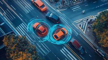 Two cars at a busy urban intersection in motion with digital analytics visualizations showing movement patterns photo