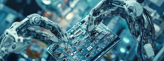 Robotic hands assembling a complex circuit board in a high-tech laboratory environment during the day photo