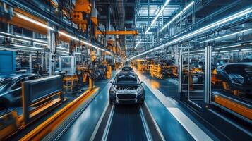 A modern automotive assembly line featuring multiple vehicles in production at a high-tech factory during daylight hours photo