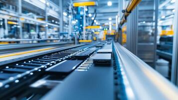 High-tech conveyor belt system efficiently transporting electronic components in a modern manufacturing facility photo