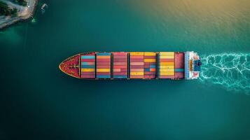 Aerial view of a large cargo ship navigating through turquoise waters during sunset photo
