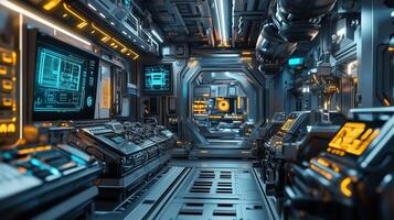 High-tech corridor in a futuristic spacecraft with illuminated control panels and advanced equipment photo