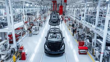 Electric car assembly line showcasing multiple vehicles in production at a large factory setting during the day photo