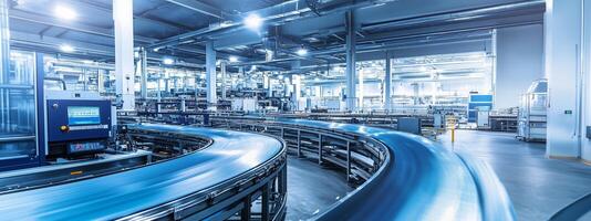 Wide view of an automated conveyor system in a modern manufacturing facility during daytime operations photo