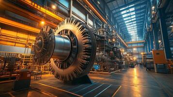 A detailed view of a massive turbine engine in a well-lit industrial manufacturing facility during the day photo