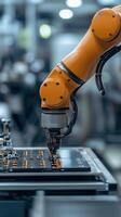 A close-up view of a robotic arm assembling electronic components in a modern manufacturing facility while demonstrating precision and efficiency photo
