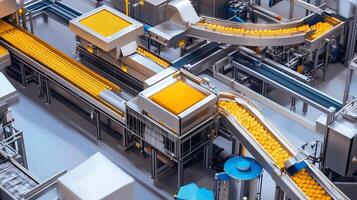Conveyor system transporting oranges at a bustling citrus processing facility in the afternoon sunlight photo