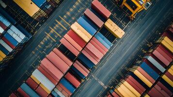 Aerial view of colorful cargo containers arranged neatly at a bustling shipping port during daylight photo