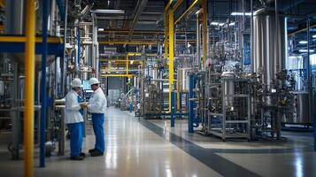 Workers collaborate in a modern industrial facility during a daytime shift focused on production processes and operational efficiency photo