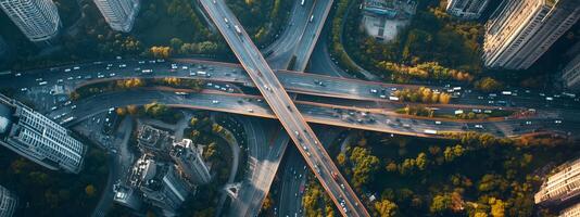 Aerial view of a busy highway interchange surrounded by urban buildings and greenery during daylight photo