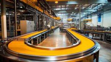 Modern processing facility with a curved conveyor system transporting vibrant yellow materials during daytime operations photo