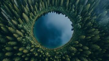 Aerial view of a pristine circular lake surrounded by dense green forest in a serene wilderness setting during daylight hours photo