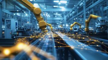 Automation technology in a modern manufacturing facility with robotic arms working on assembly lines photo