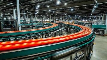 Conveyor system in a modern warehouse showcasing efficient logistics operations during nighttime photo