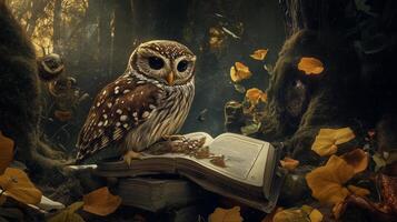 A wise owl perches on an open book surrounded by autumn leaves in a forest at twilight photo