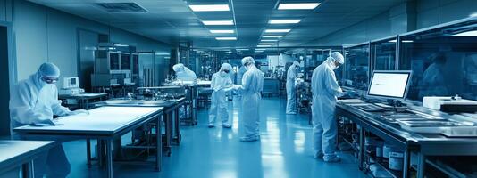 Scientists in cleanroom attire conducting research and experiments in a high-tech laboratory environment photo