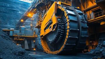 Large mining machinery operating in a dimly lit quarry during the early morning hours, extracting minerals from the earth's surface photo