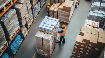 Warehouse workers organize and stack pallets of boxes during busy afternoon operations in a distribution center photo