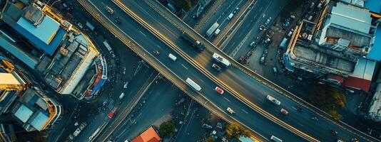 Aerial view of bustling urban highway interchange with busy traffic in the heart of a city during the late afternoon photo