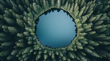 Aerial view of a circular lake surrounded by dense evergreen trees in a tranquil forest setting during a sunny day photo