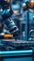 A robotic arm precision engineering components on an assembly line in a modern manufacturing facility photo