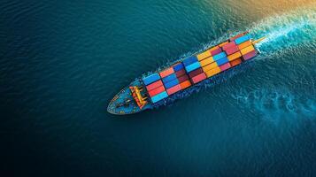 Colorful cargo ship navigating through turquoise waters during golden hour near coastal region photo