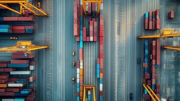Aerial view of a busy shipping yard with cranes and stacked containers during the day photo