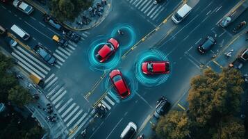 Three red cars navigating an urban intersection with advanced technology guides in a busy city during daylight hours photo