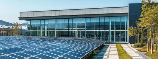 Solar panels in front of a modern building reflecting sunlight and surrounded by greenery on a clear day in a sustainable energy park photo