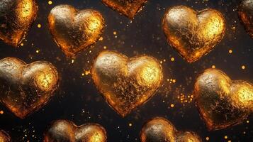 Golden hearts surrounded by shimmering particles against a dark background create a magical atmosphere of love and celebration photo