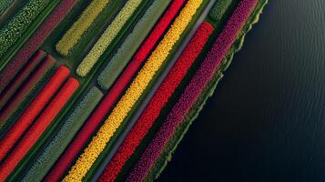 Vibrant tulip fields in full bloom showcasing colorful rows beside a peaceful waterway during springtime photo