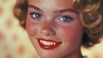 A young girl with freckles and bright red lips smiling warmly in a retro-inspired setting with a soft background photo