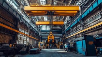 Inside a large industrial warehouse featuring cranes operating above heavy machinery and equipment during bright daylight hours photo