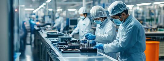 Workers assembling electronic components in a cleanroom facility during daylight hours photo