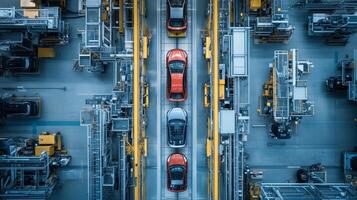 Elevated view of a modern automotive assembly line with red and gray vehicles in a busy manufacturing facility photo
