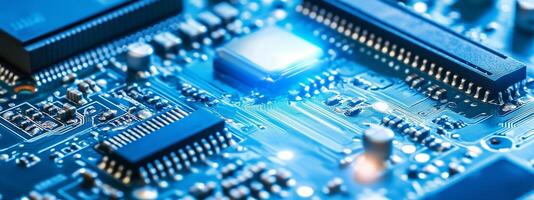 Close-up view of a computer circuit board showcasing intricate electronic components and vibrant connections in high detail photo