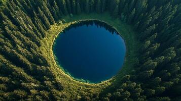 Aerial view of a perfectly circular lake surrounded by dense evergreen forest on a clear day in nature's serene landscape photo
